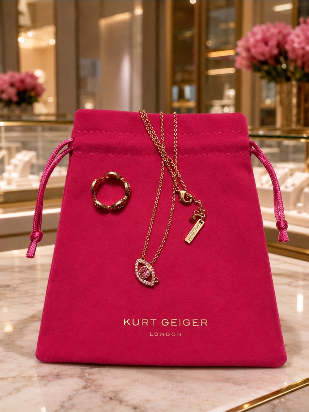 Kurt Geiger Gold Necklace with Pink Crystal Eye Pendant w/ unbranded eye ring
